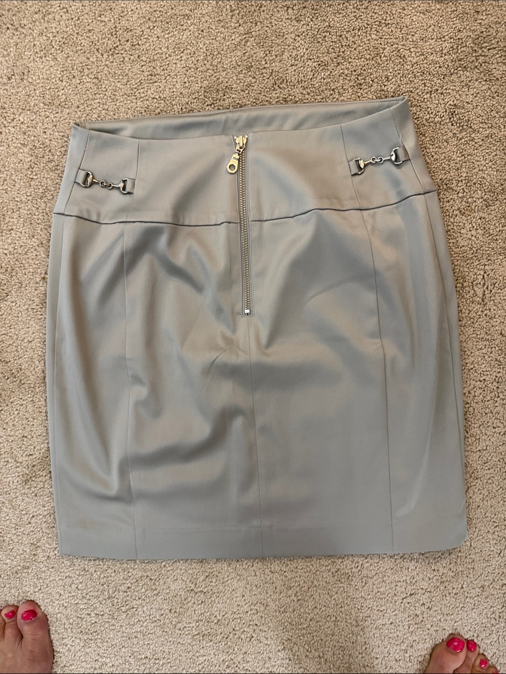 Express Light Gray Pencil Skirt with Front Zip and Metal Accents